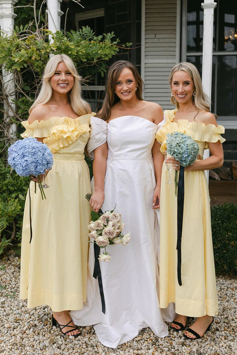 Luolandi Yellow Off the Shoulder Ruffle Satin Ankle Length Bridesmaid Dress Charming Party Dress